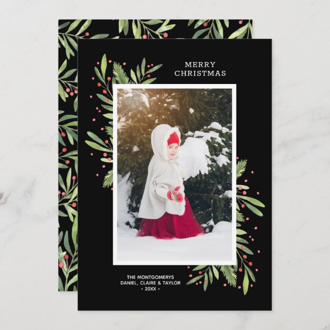Holly and Berries Christmas Photo Holiday Card (Front/Back)