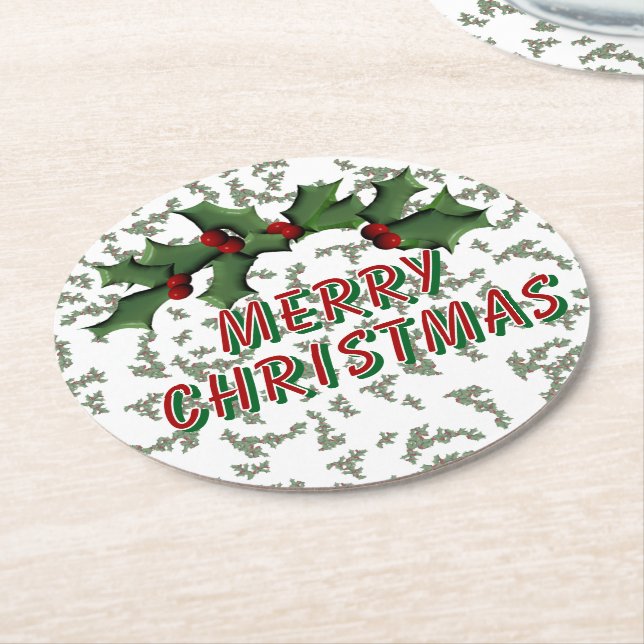  Holly and Berries Christmas  Round Paper Coaster (Angled)