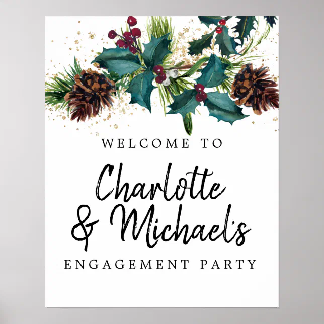 Holly and Berries Engagement Party Welcome Sign | Zazzle