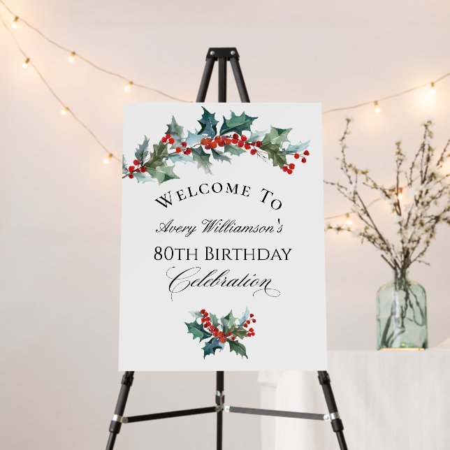 Holly and Berries Evergreens 80th Birthday Party Foam Board (In Situ (Stand))