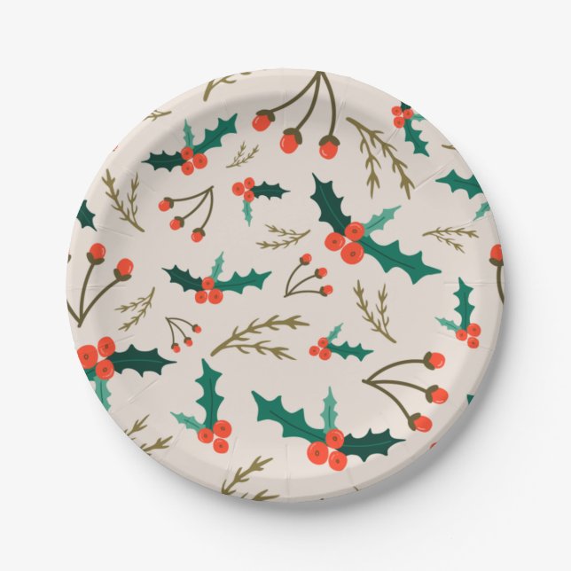 Holly and Berries Festive Holiday Paper Plates (Front)