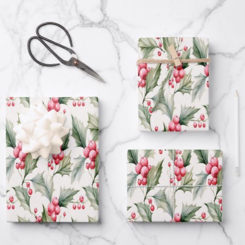 Holly and berries festive wrapping paper