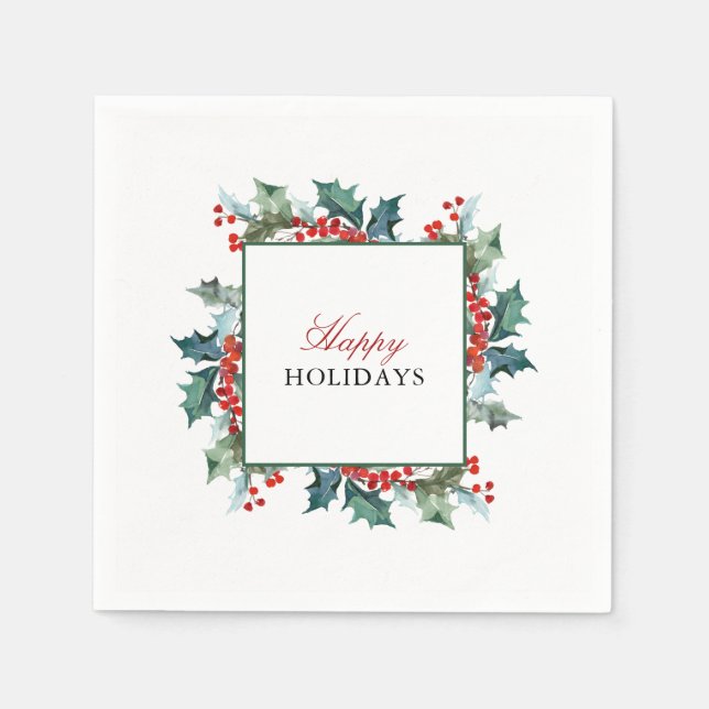 Holly and Berries Happy Holidays Napkins (Front)