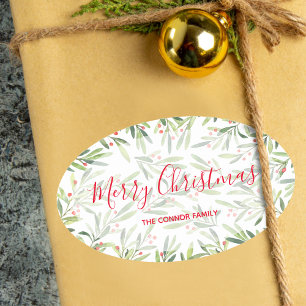 Holly and Berries Holiday Christmas Oval Sticker