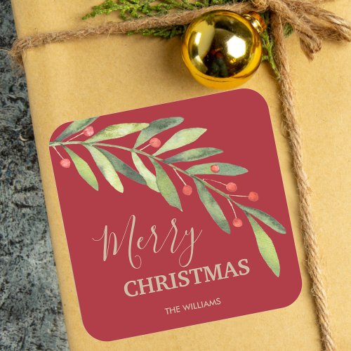 Holly and Berries Holiday Christmas Square Sticker