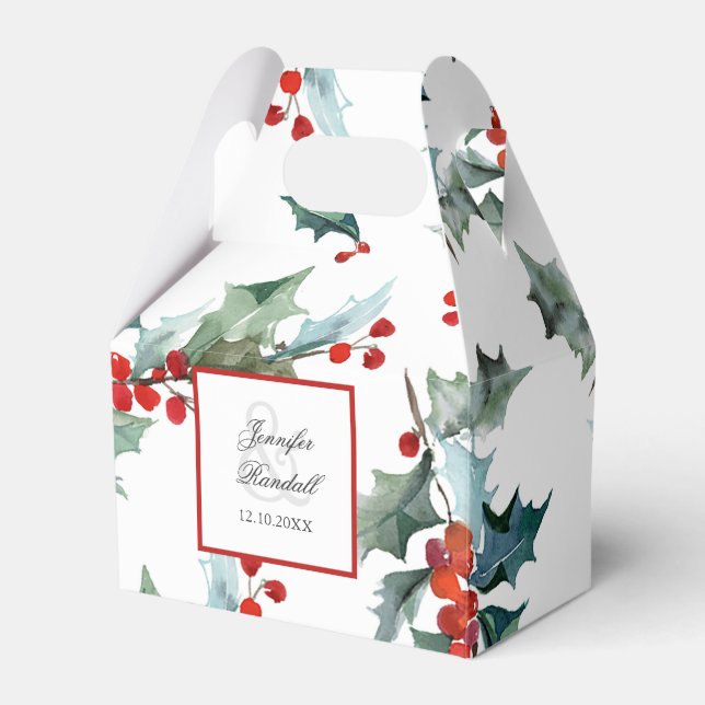 Holly and Berries Holiday Greenery Wedding Favor Boxes (Front Side)