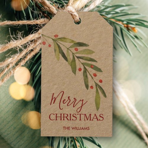 Holly and Berries Kraft Merry Christmas Gift Tags