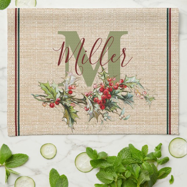 Holly and berries linen look personalized kitchen towel (Folded)