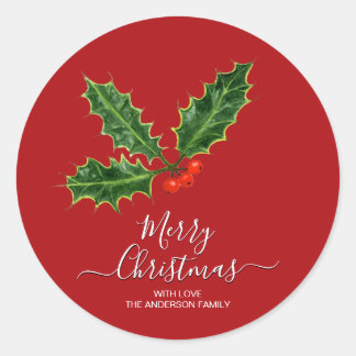 Holly and Berries Merry Christmas & Family Name Classic Round Sticker