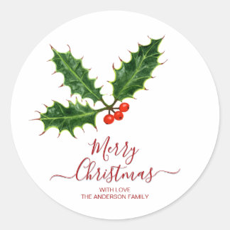 Holly and Berries Merry Christmas & Family Name Classic Round Sticker