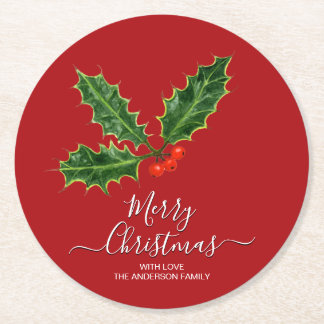 Holly and Berries Merry Christmas & Family Name Round Paper Coaster