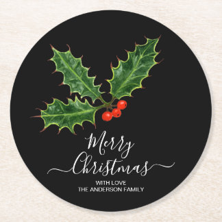 Holly and Berries Merry Christmas & Family Name Round Paper Coaster