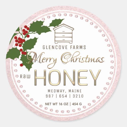 Holly and Berries Merry Christmas Gold Hive Honey  Classic Round Sticker