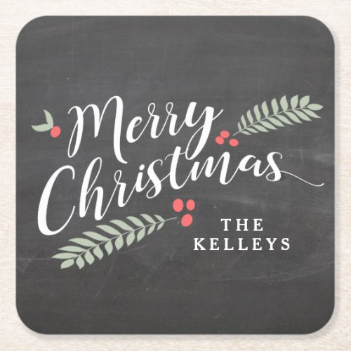 Holly and Berries Merry Christmas Personalized Square Paper Coaster