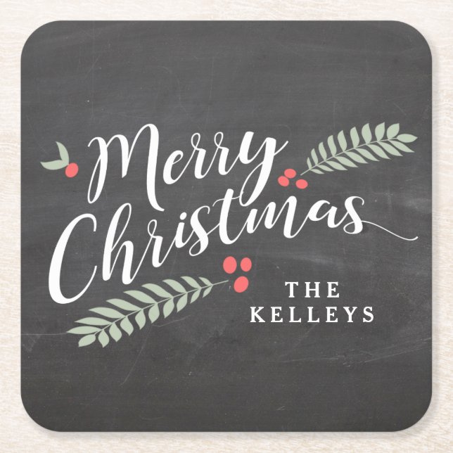 Holly and Berries Merry Christmas Personalized Square Paper Coaster (Front)