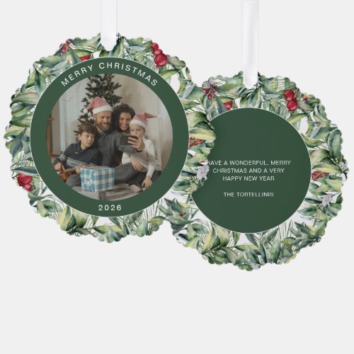 Holly and Berries Merry Christmas Photo Ornament Card