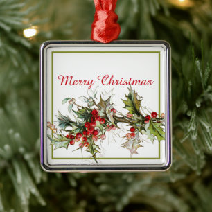 Holly and berries metal ornament