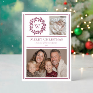 Holly and Berries Monogram Photo Christmas Holiday Letterpress Photo Cards