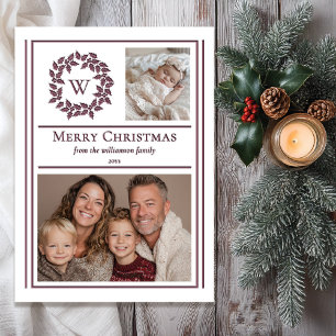 Holly and Berries Monogram Photo Christmas Holiday Letterpress Photo Cards