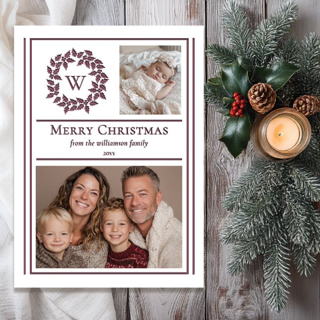 Holly and Berries Monogram Photo Christmas Holiday Letterpress Photo Cards (Holly and Berries Monogram Photo Christmas Holiday Letterpress Photo Cards - Portrait Orientation)