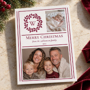 Holly and Berries Monogram Photo Christmas Holiday Letterpress Photo Cards