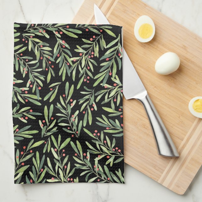 Holly and Berries on Black Holiday Christmas Kitchen Towel (Quarter Fold)