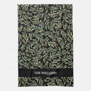 Holly and Berries on Black Holiday Christmas Kitchen Towel