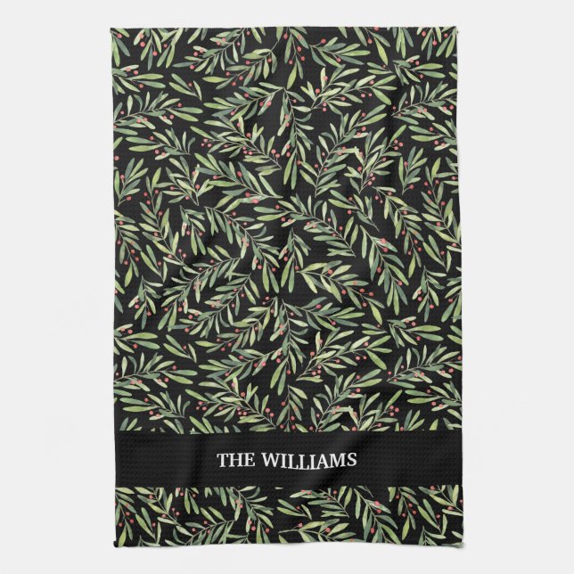 Holly and Berries on Black Holiday Christmas Kitchen Towel (Vertical)