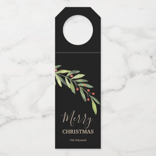 Holly and Berries on Black Merry Christmas Bottle Hanger Tag