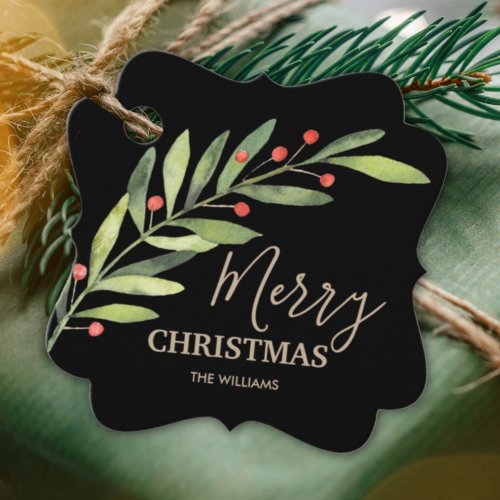 Holly and Berries on Black Merry Christmas Bracket Favor Tags