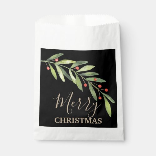 Holly and Berries on Black Merry Christmas Favor Bag