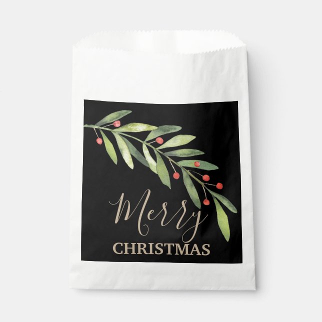 Holly and Berries on Black Merry Christmas Favor Bag (Front)
