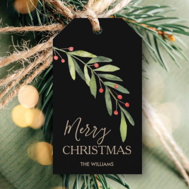 Holly and Berries on Black Merry Christmas Gift Tags (Greenery branch and berries Merry Christmas black gift/favor tags personalized with your names)