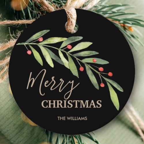 Holly and Berries on Black Merry Christmas Round Favor Tags