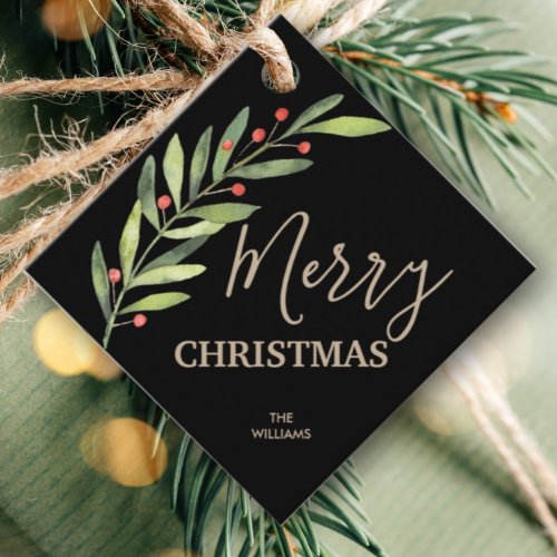 Holly and Berries on Black Merry Christmas Square Favor Tags