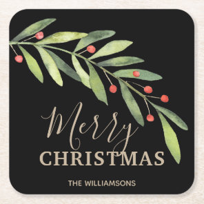 Holly and Berries on Black Merry Christmas Square Paper Coaster