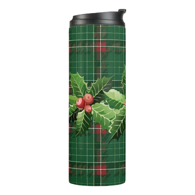 Holly and Berries on Green Christmas Plaid Thermal Tumbler (Rotated Left)