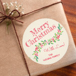 Holly and Berries on Ivory Christmas Holiday Classic Round Sticker<br><div class="desc">Personalized holiday Christmas ROUND stickers with a stylish, modern watercolor of green holly and red berries on a pale ivory stripe background with your greeting and info in chic lettering. Click the PERSONALIZE button, then Customize further link to arrange, add or delete text; change fonts and font colors. **ALL STICKER...</div>