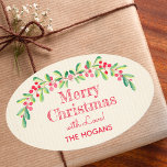 Holly and Berries on Ivory Christmas Holiday Oval Sticker<br><div class="desc">Personalized holiday Christmas OVAL stickers with a stylish,  modern watercolor of green holly and red berries on a pale ivory stripe background with your greeting and info in chic lettering. MATCHING items in our store.</div>