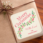 Holly and Berries on Ivory Christmas Holiday Square Sticker<br><div class="desc">Personalized SQUARE stickers with a stylish,  modern watercolor of green holly and red berries on a pale ivory stripe background with your greeting and info in chic lettering. **ALL STICKER SHAPES are already done for you. MATCHING items in our store.</div>