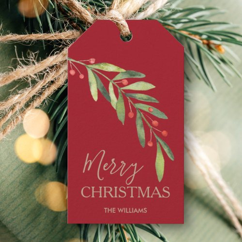 Holly and Berries on Red Merry Christmas Gift Tags