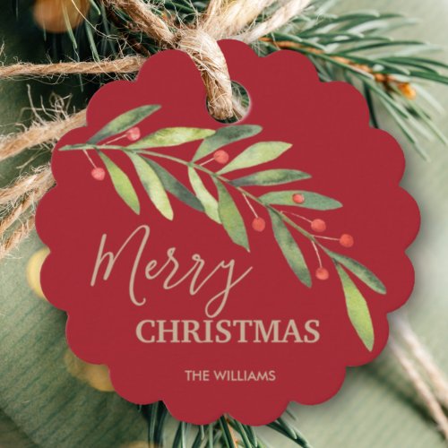 Holly and Berries on Red Merry Christmas Scallop Favor Tags