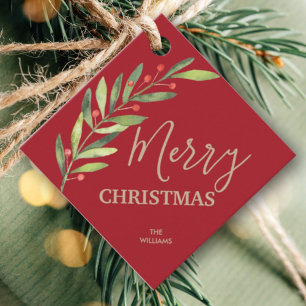 Holly and Berries on Red Merry Christmas Square Favor Tags