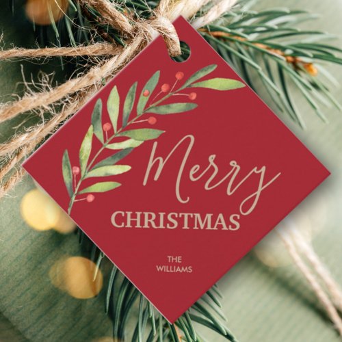 Holly and Berries on Red Merry Christmas Square Favor Tags