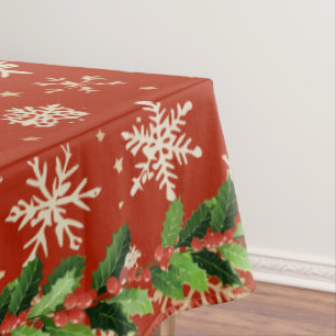 Holly and Berries on Red with Gold Snowflakes Tablecloth
