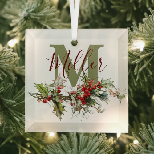 Holly and berries personalized  glass ornament