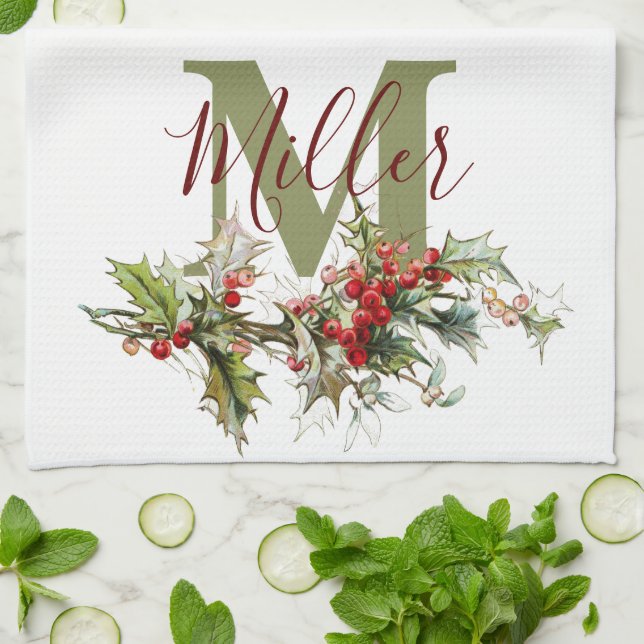 Holly and berries personalized  kitchen towel (Folded)