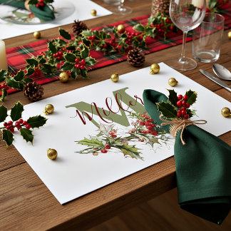 Holly and berries personalized paper placemats
