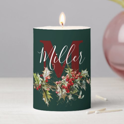 Holly and berries personalized  pillar candle