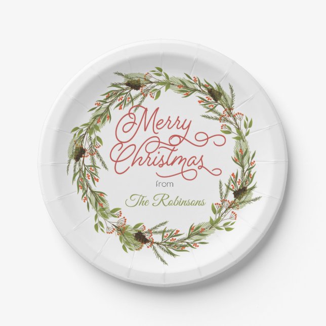Holly and Berries Pine Merry Christmas Paper Plates (Front)